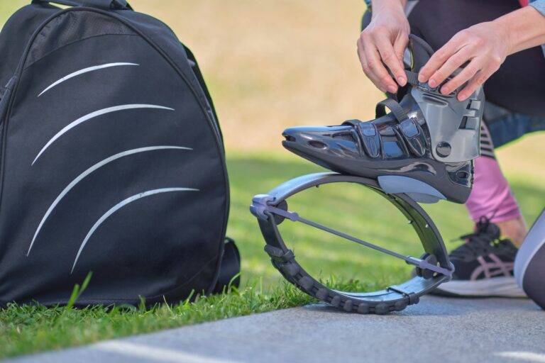 Fit legs in kangoo jumping shoes. womanpreparing for Kangoo Jumping training